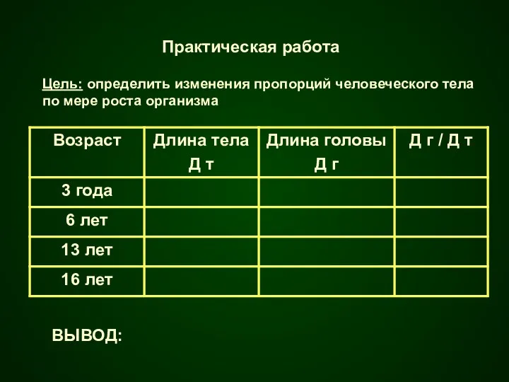 Практическая работа Цель: определить изменения пропорций человеческого тела по мере роста организма ВЫВОД: