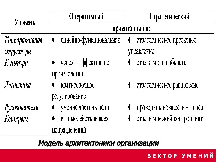 В Е К Т О Р У М Е Н И Й Модель архитектоники организации