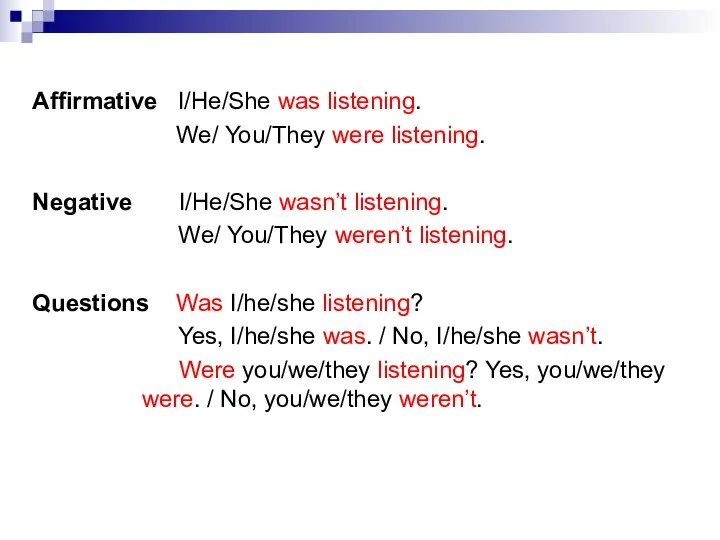 Affirmative I/He/She was listening. We/ You/They were listening. Negative I/He/She wasn’t listening.