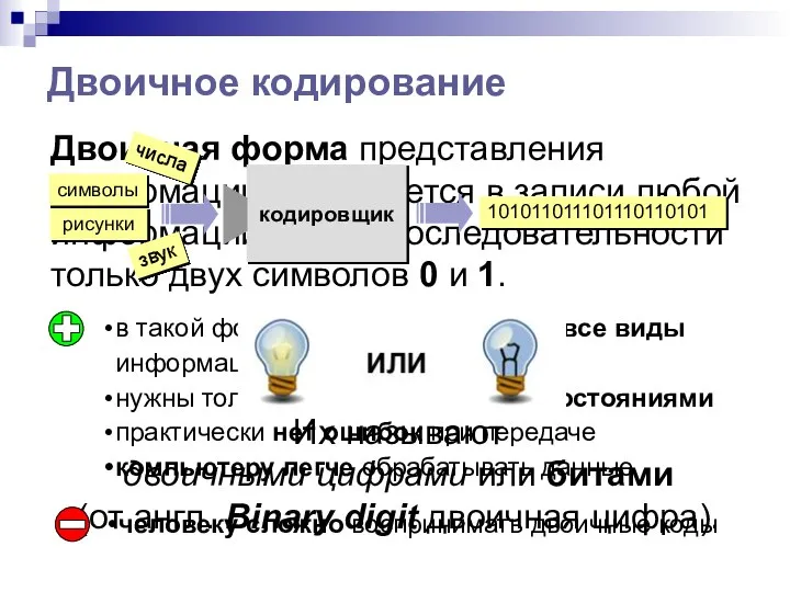 Двоичное кодирование Их называют двоичными цифрами или битами (от англ. Binary digit