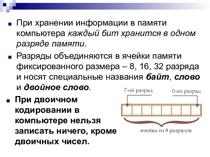 При хранении информации в памяти компьютера каждый бит хранится в одном разряде