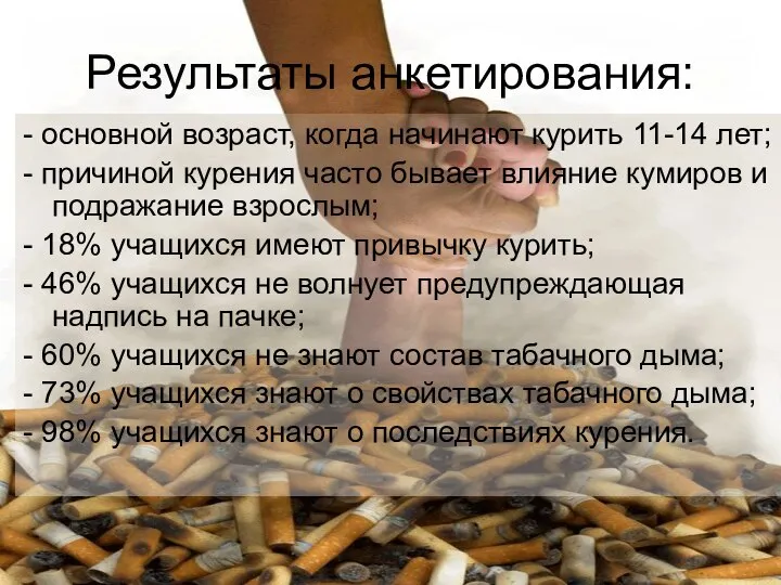 Результаты анкетирования: - основной возраст, когда начинают курить 11-14 лет; - причиной