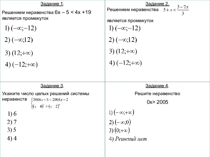 Задание 1. Решением неравенства 6x – 5 Задание 2. Решением неравенства является