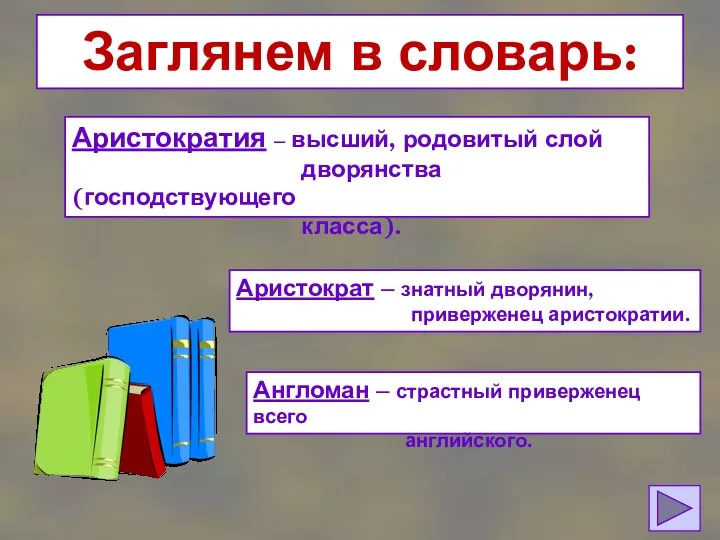 Заглянем в словарь: Аристократия – высший, родовитый слой дворянства (господствующего класса). Аристократ