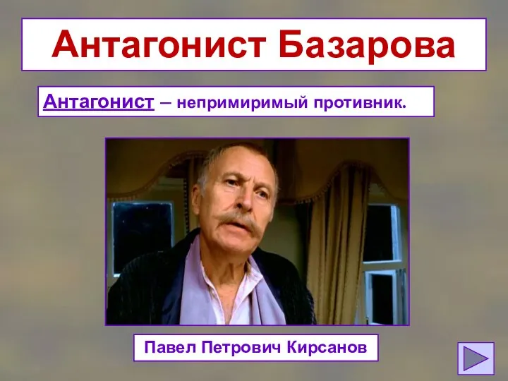 Антагонист Базарова Антагонист – непримиримый противник. Павел Петрович Кирсанов