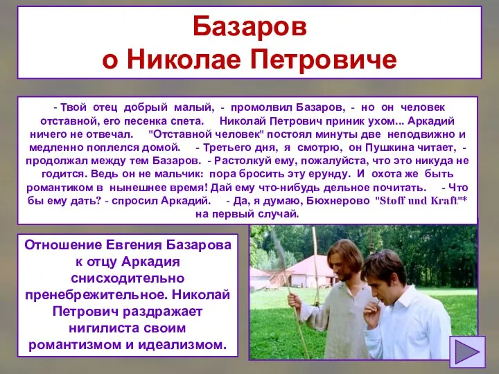 Базаров о Николае Петровиче - Твой отец добрый малый, - промолвил Базаров,