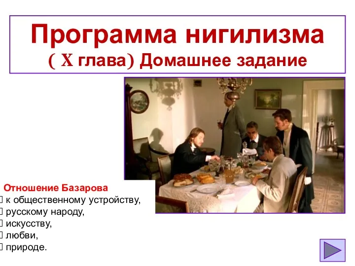 Программа нигилизма ( X глава) Домашнее задание Отношение Базарова к общественному устройству,