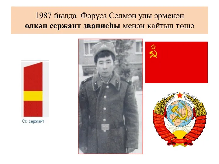 1987 йылда Фәрүәз Сәлмән улы әрменән өлкән сержант званиеһы менән ҡайтып төшә