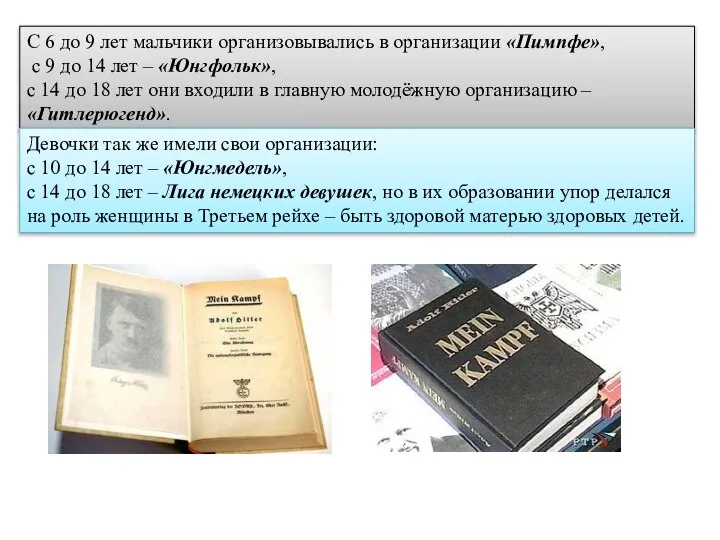 С 6 до 9 лет мальчики организовывались в организации «Пимпфе», с 9