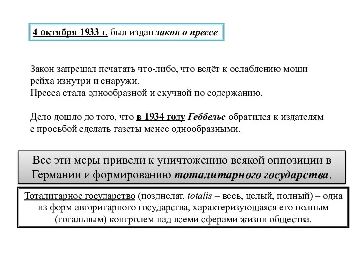 4 октября 1933 г. был издан закон о прессе Закон запрещал печатать