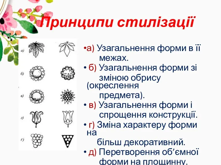 Принципи стилізації а) Узагальнення форми в її межах. б) Узагальнення форми зі