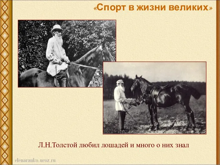 Л.Н.Толстой любил лошадей и много о них знал «Спорт в жизни великих»