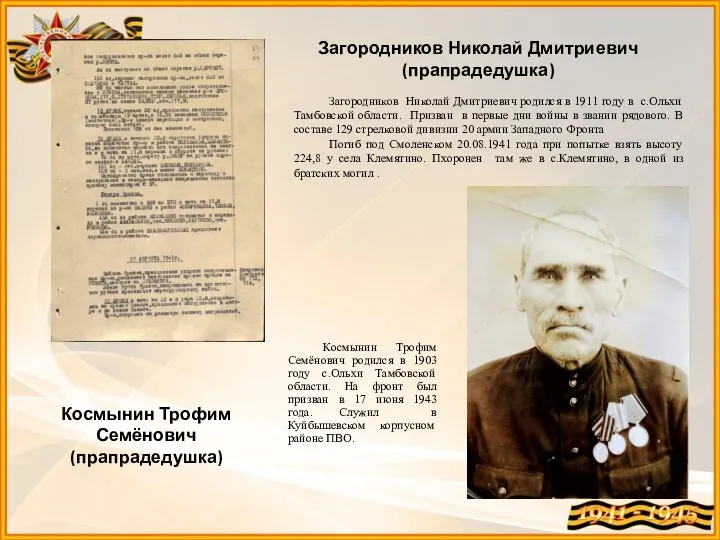 Загородников Николай Дмитриевич родился в 1911 году в с.Ольхи Тамбовской области. Призван