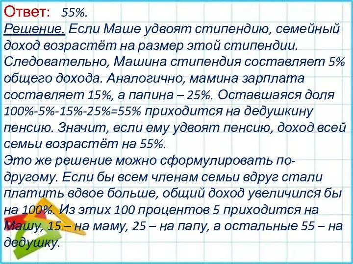 Ответ: 55%. Решение. Если Маше удвоят стипендию, семейный доход возрастёт на размер