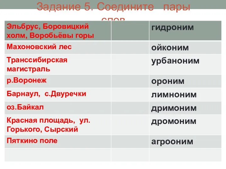 Задание 5. Соедините пары слов