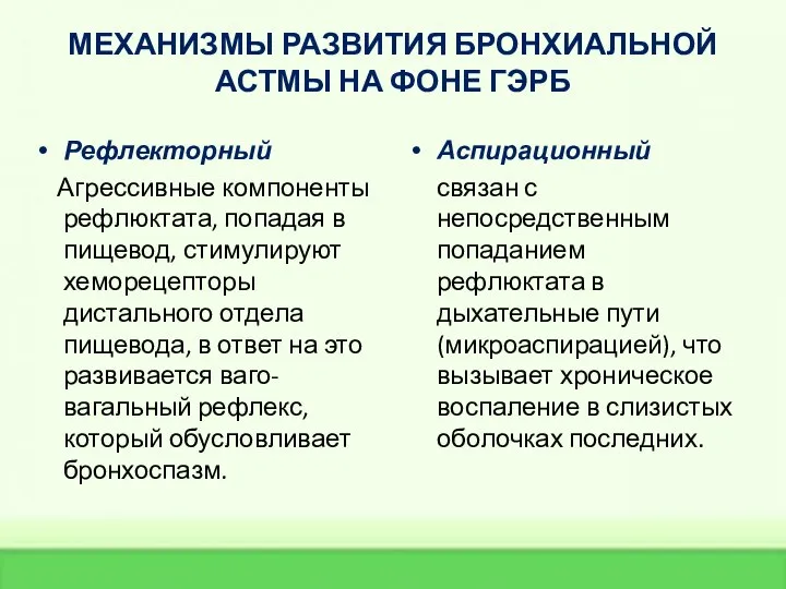 МЕХАНИЗМЫ РАЗВИТИЯ БРОНХИАЛЬНОЙ АСТМЫ НА ФОНЕ ГЭРБ Рефлекторный Агрессивные компоненты рефлюктата, попадая