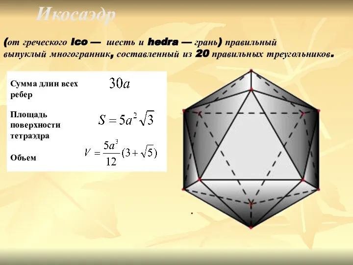 Икосаэдр (от греческого ico — шесть и hedra — грань) правильный выпуклый