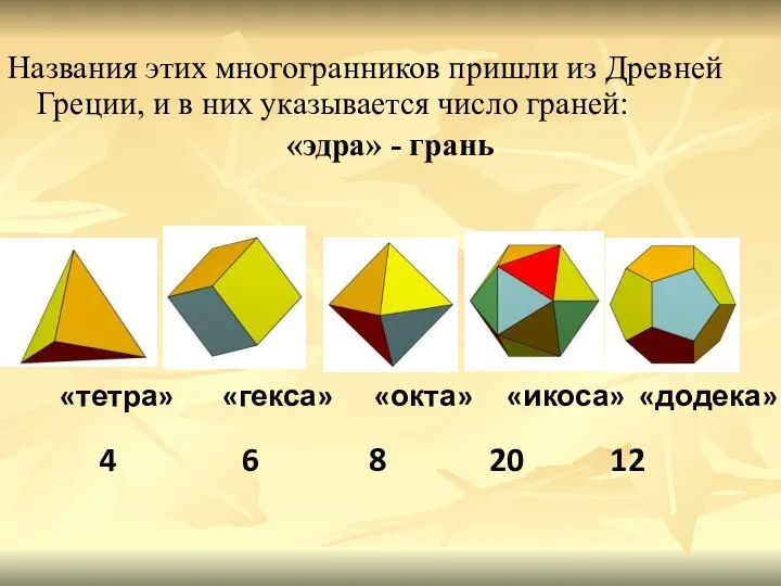 Названия этих многогранников пришли из Древней Греции, и в них указывается число