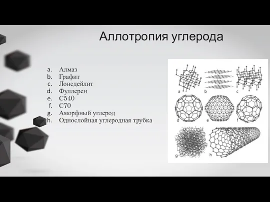 Аллотропия углерода Алмаз Графит Лонсдейлит Фуллерен С540 С70 Аморфный углерод Однослойная углеродная трубка