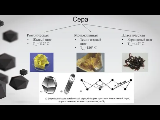 Сера Ромбическая Желтый цвет Тпл=112° С Пластическая Коричневый цвет Тпл=445° С Моноклинная Темно-желтый цвет Тпл=120° С