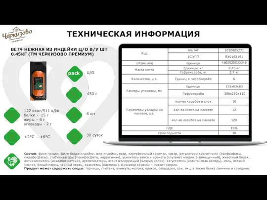 122 ккал/511 кДж белки - 15 г жиры – 6 г углеводы