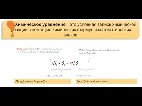 2H2 + O2 = 2H2O Исходные вещества Продукты реакции Коэффициент (показывает сколько