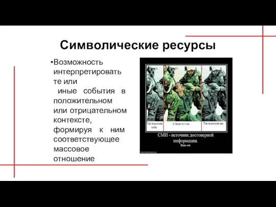 Символические ресурсы Возможность интерпретировать те или иные события в положительном или отрицательном