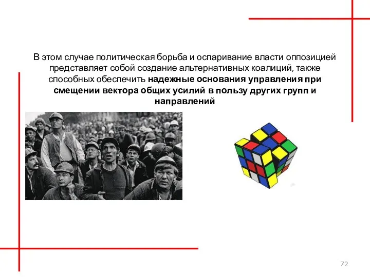 В этом случае политическая борьба и оспаривание власти оппозицией представляет собой создание