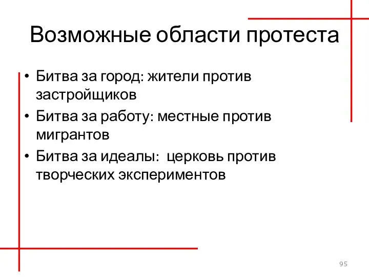 Возможные области протеста Битва за город: жители против застройщиков Битва за работу: