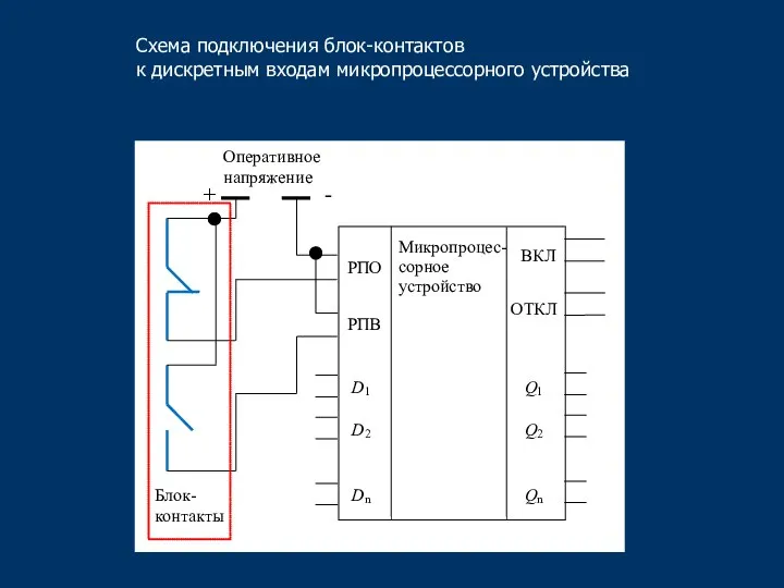 Схема подключения блок-контактов к дискретным входам микропроцессорного устройства Микропроцес- сорное устройство РПО