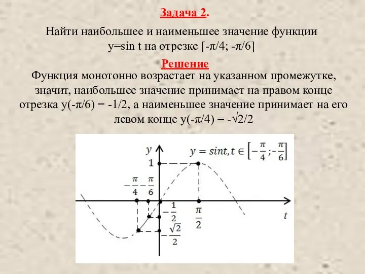 Задача 2. Найти наибольшее и наименьшее значение функции y=sin t на отрезке