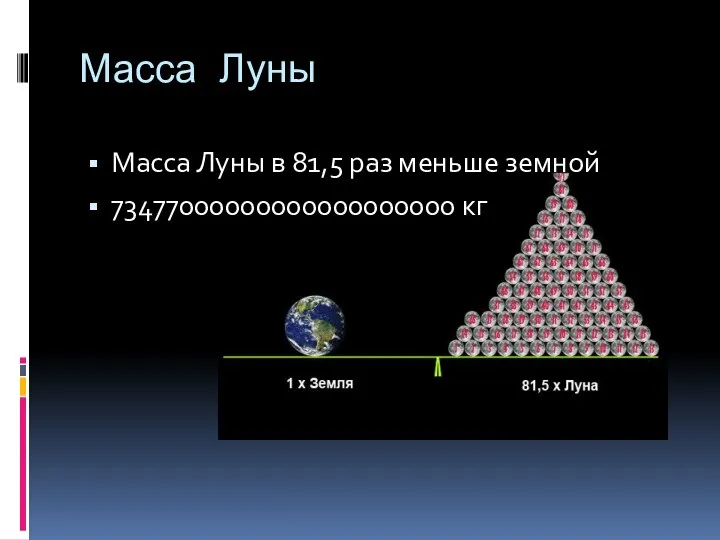 Масса Луны Масса Луны в 81,5 раз меньше земной 73477000000000000000000 кг