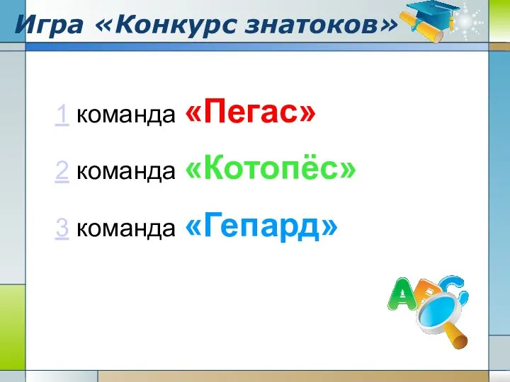 Игра «Конкурс знатоков» 1 команда «Пегас» 2 команда «Котопёс» 3 команда «Гепард»