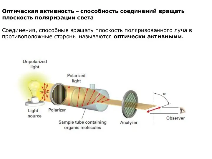 Оптическая активность – способность соединений вращать плоскость поляризации света Соединения, способные вращать