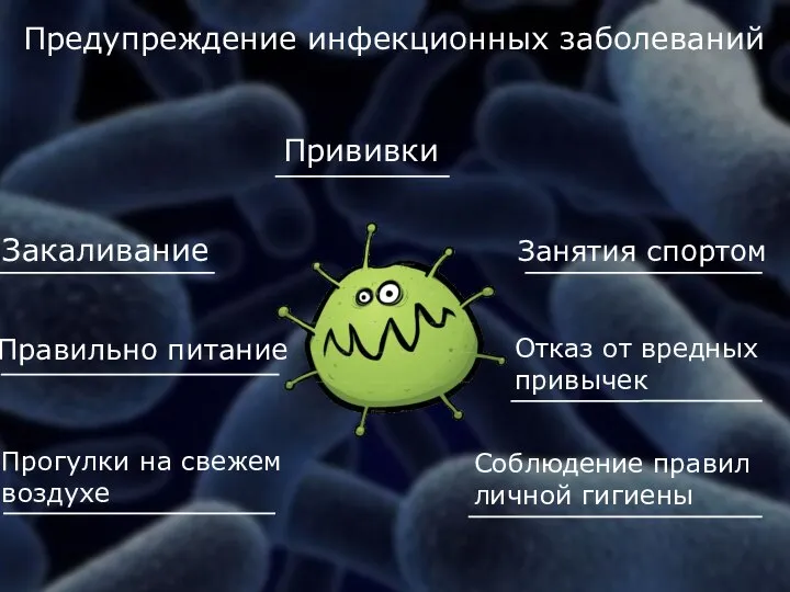 Предупреждение инфекционных заболеваний Прививки Закаливание Правильно питание Прогулки на свежем воздухе Занятия