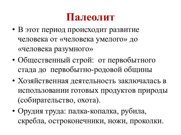 Палеолит В этот период происходит развитие человека от «человека умелого» до «человека