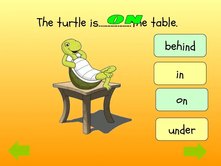 The turtle is…................the table. on behind on in under