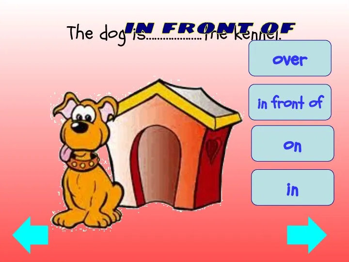 The dog is………………..the kennel. in front of in front of over in on