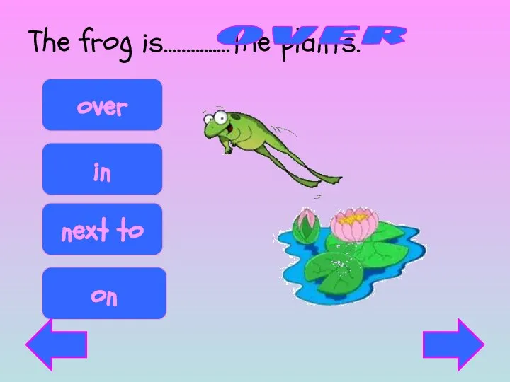 The frog is..…….......the plants. over on in next to over