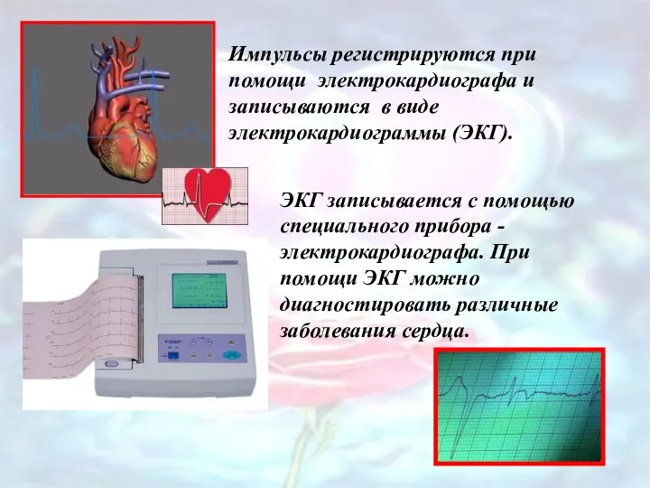 Импульсы регистрируются при помощи электрокардиографа и записываются в виде электрокардиограммы (ЭКГ). ЭКГ