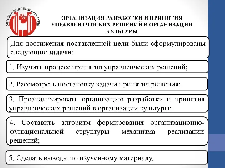 ОРГАНИЗАЦИЯ РАЗРАБОТКИ И ПРИНЯТИЯ УПРАВЛЕНТЧИСКИХ РЕШЕНИЙ В ОРГАНИЗАЦИИ КУЛЬТУРЫ Для достижения поставленной