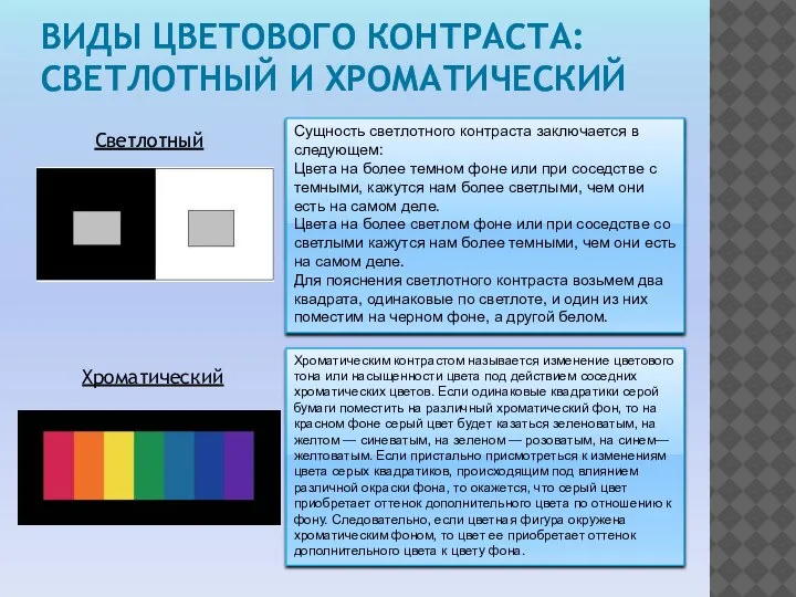 ВИДЫ ЦВЕТОВОГО КОНТРАСТА: СВЕТЛОТНЫЙ И ХРОМАТИЧЕСКИЙ Сущность светлотного контраста заключается в следующем: