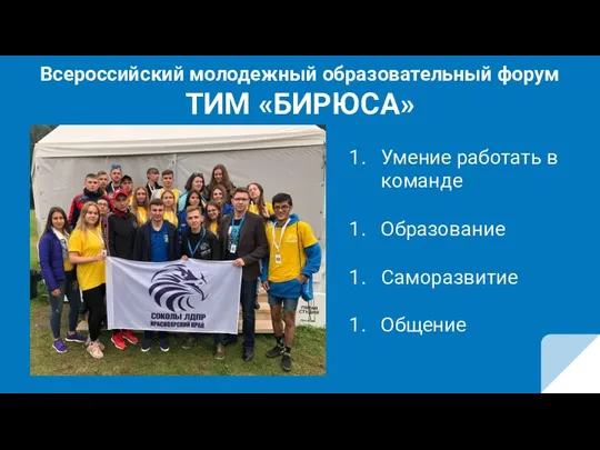 Всероссийский молодежный образовательный форум ТИМ «БИРЮСА» Умение работать в команде Образование Саморазвитие Общение