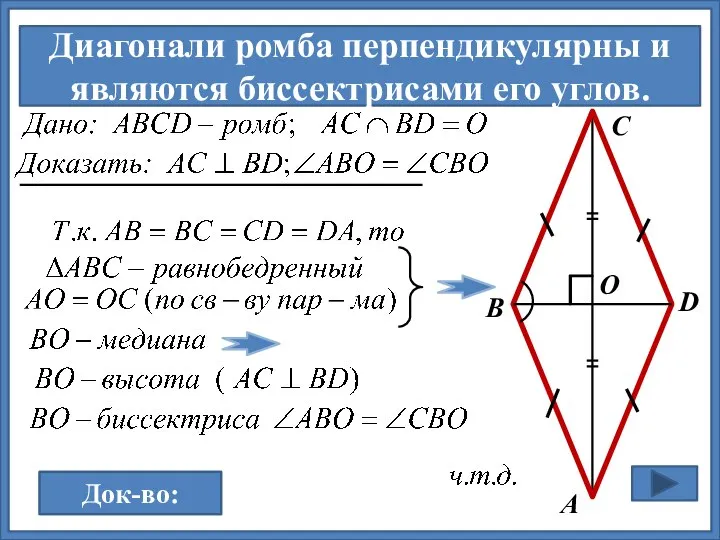 Диагонали ромба перпендикулярны и являются биссектрисами его углов. Док-во: Док-во: D А В С О