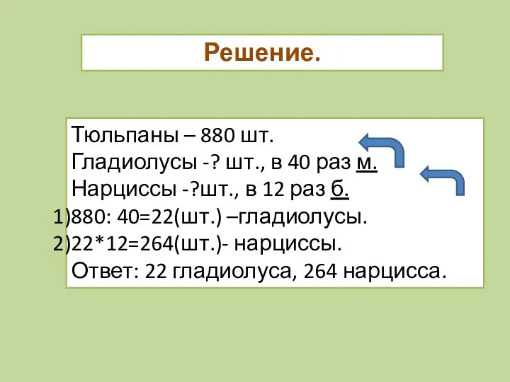 Решение. Тюльпаны – 880 шт. Гладиолусы -? шт., в 40 раз м.