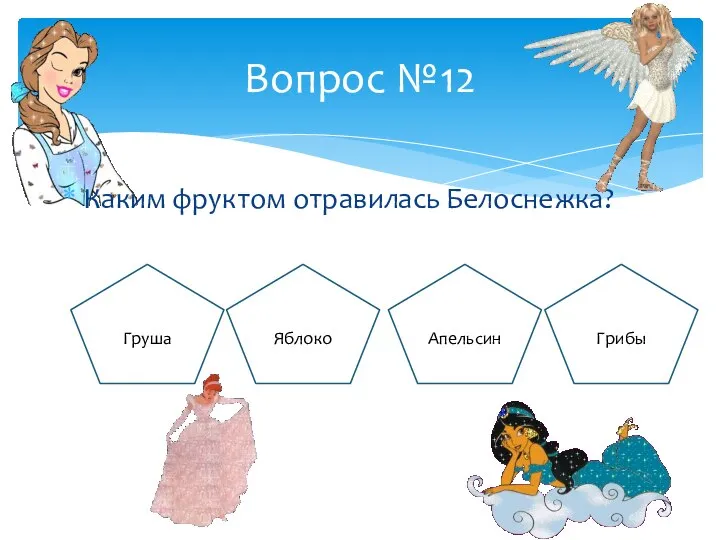 Каким фруктом отравилась Белоснежка? Вопрос №12 Груша Яблоко Апельсин Грибы