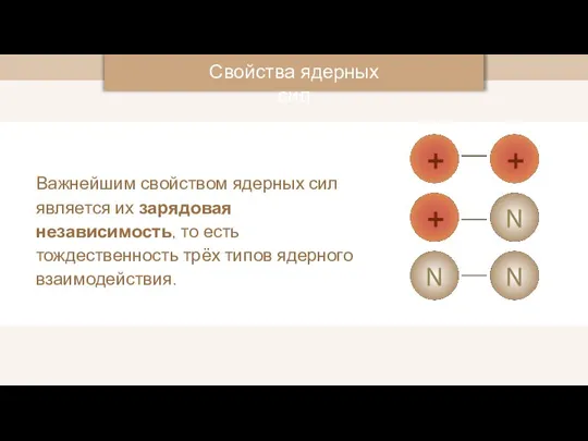 Важнейшим свойством ядерных сил является их зарядовая независимость, то есть тождественность трёх