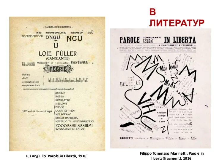 В ЛИТЕРАТУРЕ F. Cangiullo. Parole in Libertà, 1916 Filippo Tommaso Marinetti. Parole in liberta(fragment), 1916