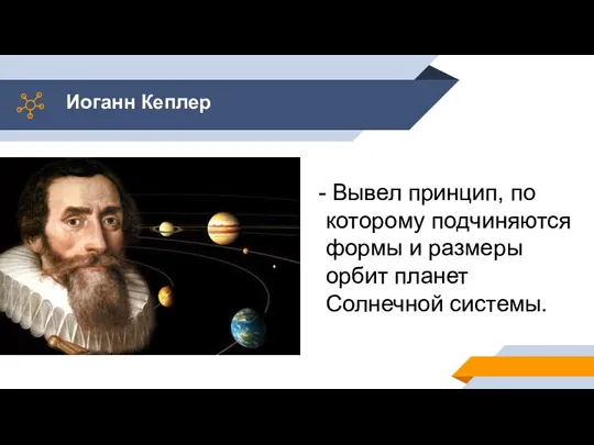 Иоганн Кеплер Вывел принцип, по которому подчиняются формы и размеры орбит планет Солнечной системы.