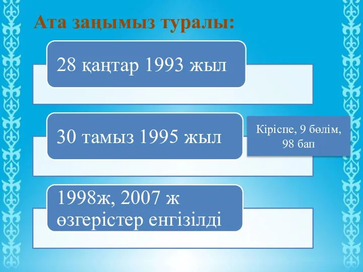 Ата заңымыз туралы: Кіріспе, 9 бөлім, 98 бап